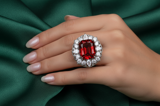 Elegant hand wearing a sparkling amethyst cocktail ring paired with an evening gown at a formal event.