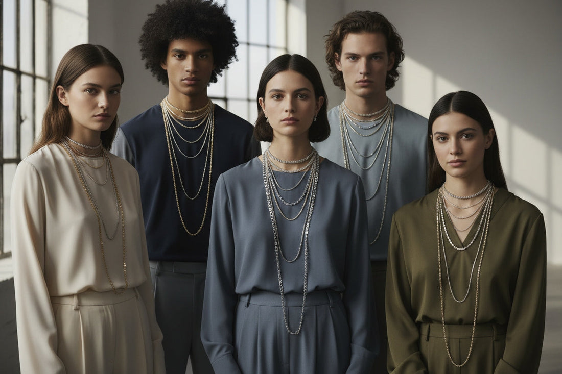 A collection of tennis chains displayed on diverse models of different genders, showing varied lengths, widths, metals, and styling. The image highlights the unisex appeal, versatility, and modern luxury of tennis chains.