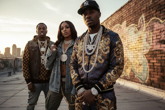 A collage of hip-hop artists wearing tennis chains and diamond jewelry, featuring oversized rope chains, pendants, and layered necklaces. The image showcases the intersection of music, fashion, and self-expression in bling culture.
