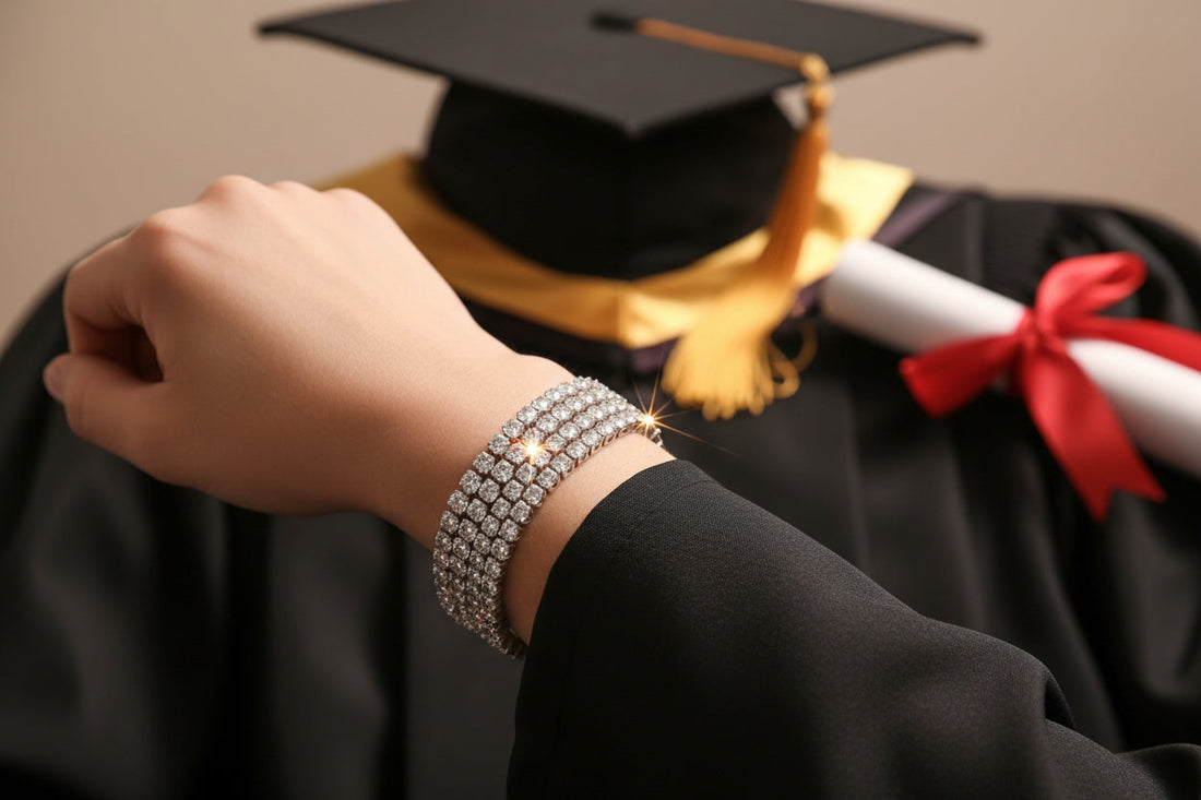 A graduate holding or wearing a diamond tennis bracelet or necklace, with soft-focus academic elements like a cap, gown, or diploma in the background—symbolizing achievement and new beginnings.