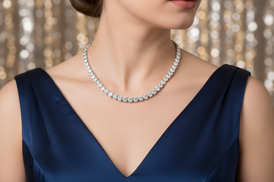 Woman wearing a diamond tennis necklace with a V-neck dress, showing how to pair tennis necklaces with different necklines for elegant style.