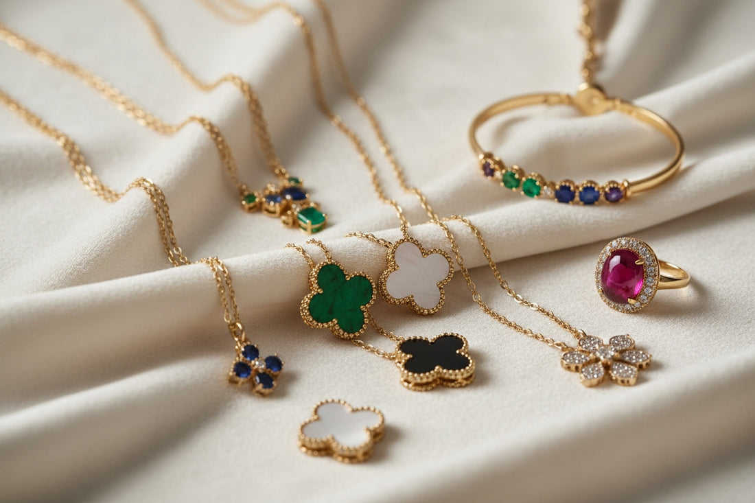 Close-up of Van Cleef & Arpels–style jewelry displayed on cream velvet, featuring gold chains, gemstone pieces, and clover motifs, shot with soft diffused lighting.