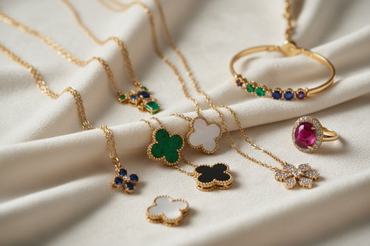 Close-up of Van Cleef & Arpels–style jewelry displayed on cream velvet, featuring gold chains, gemstone pieces, and clover motifs, shot with soft diffused lighting.