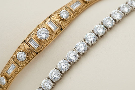 Side-by-side comparison of a vintage tennis bracelet with intricate milgrain detailing and a sleek modern bracelet featuring prong-set diamonds, highlighting the evolution of design and craftsmanship.