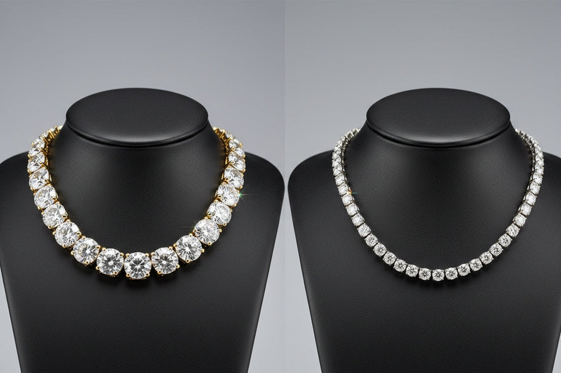 A comparison of a wide and slim diamond tennis chain laid side by side, showing differences in width, sparkle, and presence. Highlights elegance and versatility for personal style choices.