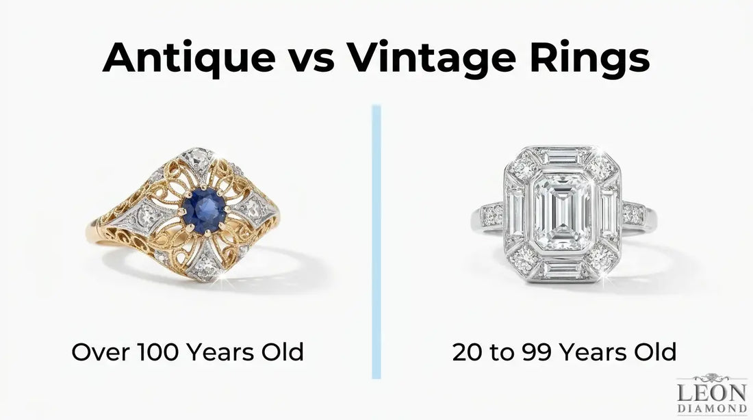 Antique vs. vintage rings comparison showing an antique ring over 100 years old and a vintage ring 20–99 years old.