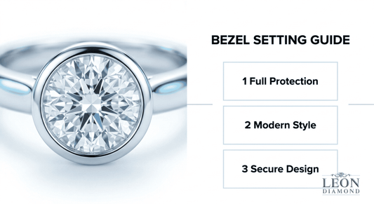 Bezel setting diamond ring with full metal rim securing round cut stone