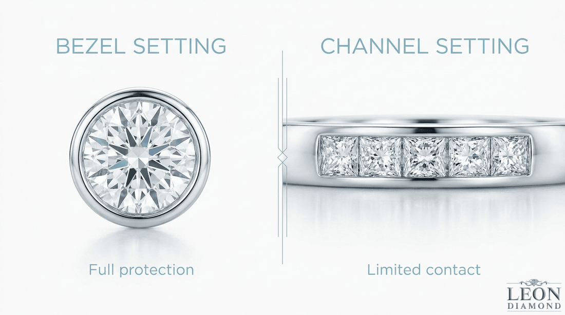 Bezel vs channel diamond setting comparison showing full stone protection and limited metal contact