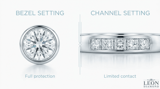 Bezel vs channel diamond setting comparison showing full stone protection and limited metal contact