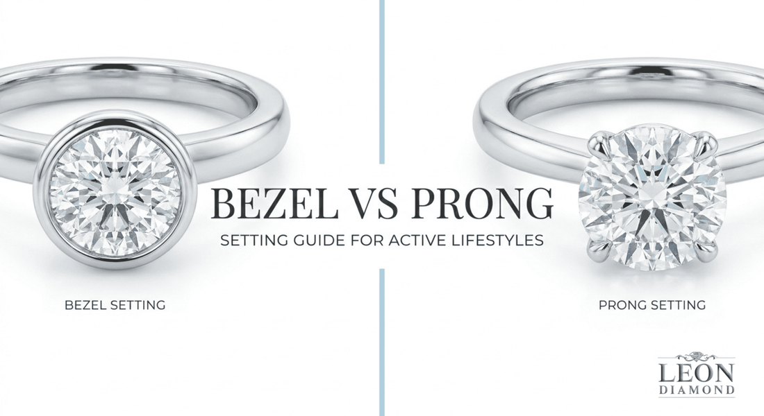 Bezel vs prong setting comparison showing diamond ring styles for active lifestyles