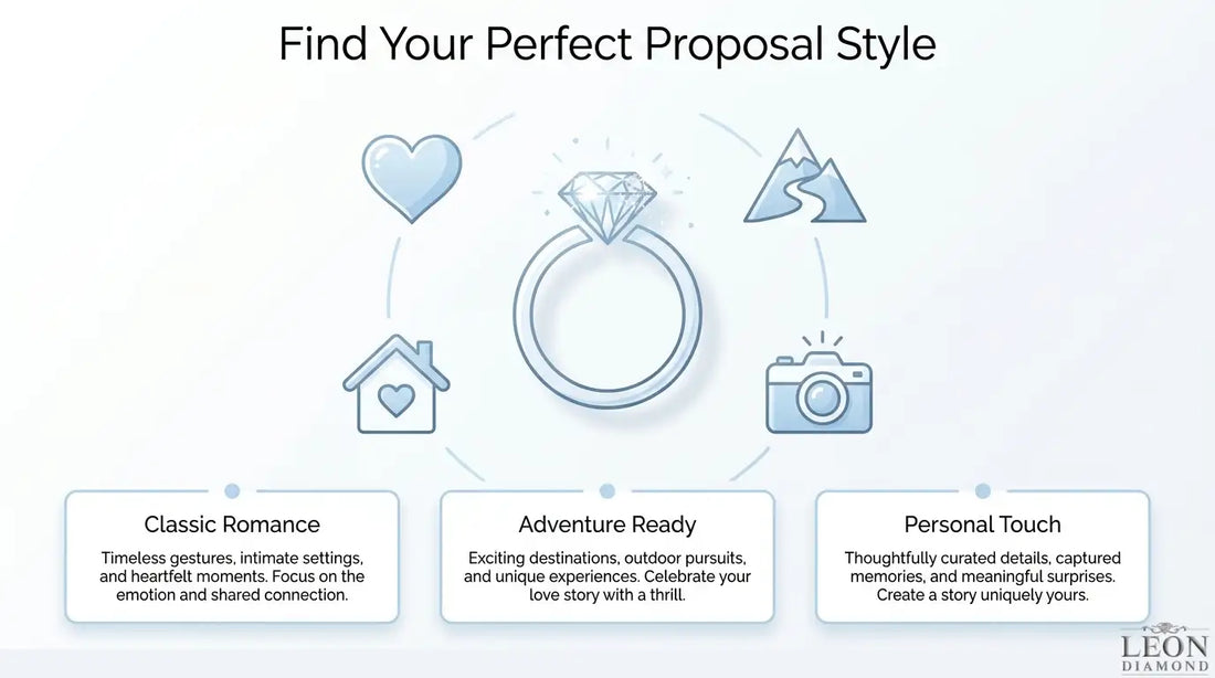 Wedding proposal style guide comparing classic romance, adventurous proposals, and personalized proposal ideas.
