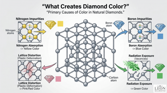 Scientific diagram explaining how impurities and lattice defects create diamond colors.