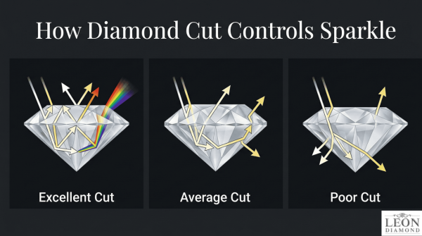 Comparison of excellent, average, and poor diamond cuts showing how light reflects differently.
