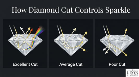 Comparison of excellent, average, and poor diamond cuts showing how light reflects differently.