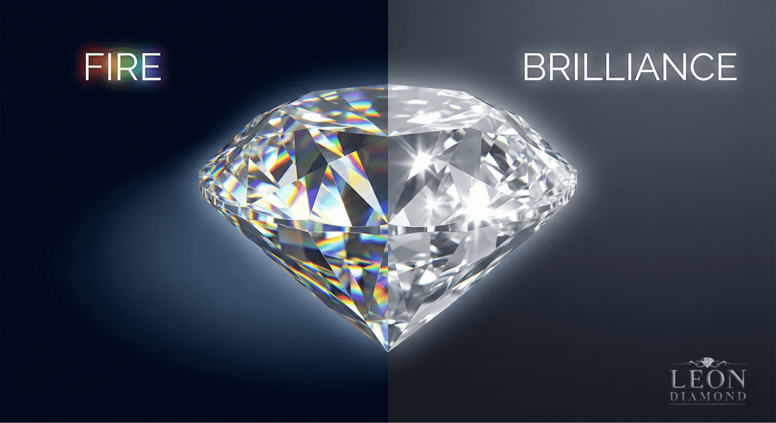 Split view of a diamond showing colored fire flashes on one side and white brilliance on the other under different lighting conditions.