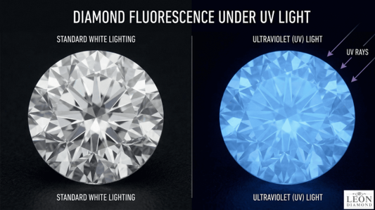 Diamond glowing blue under ultraviolet light compared with normal lighting.