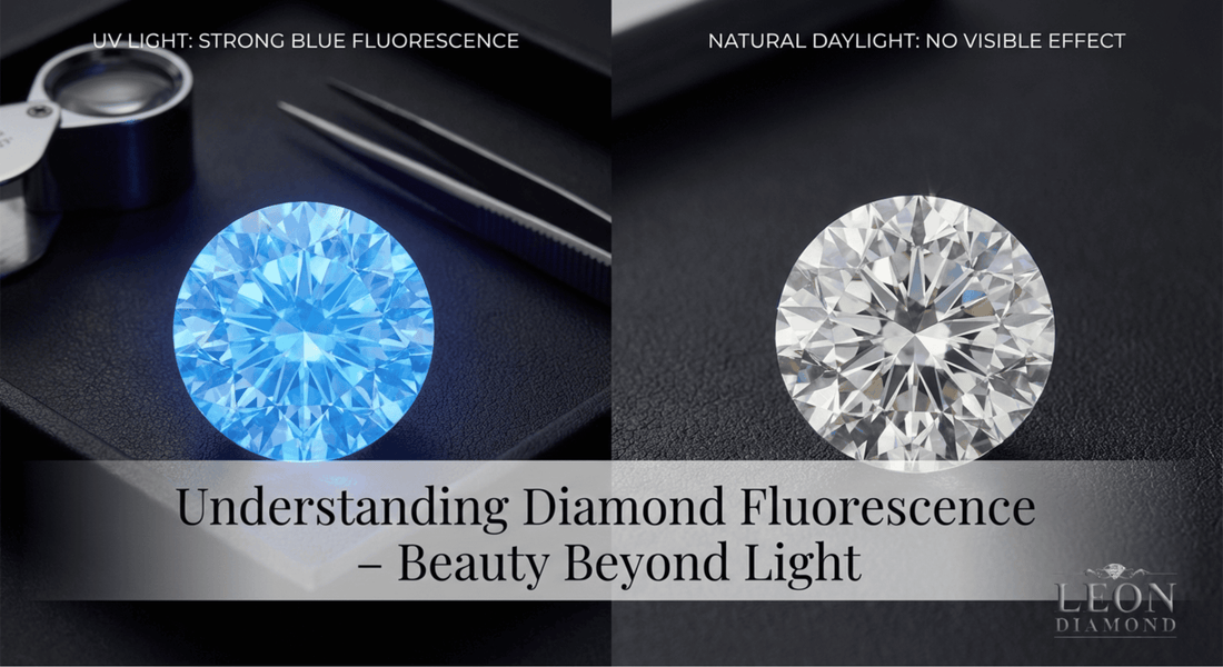 Round diamond glowing blue under UV light next to same diamond in daylight.
