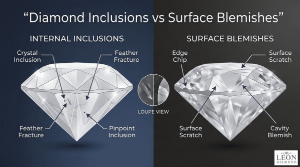 Diagram comparing internal diamond inclusions and external blemishes.