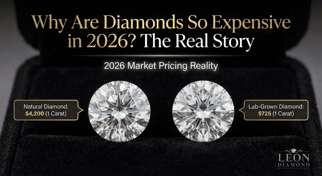 Natural and lab-grown diamonds side by side with 2026 pricing labels.