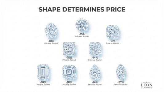 Diamond shape price comparison chart showing round vs fancy shapes with percentage cost differences including oval, cushion, princess, emerald, and marquise diamonds