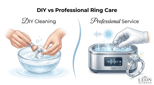 DIY vs professional ring cleaning comparison showing home cleaning with a brush and expert ultrasonic ring care service