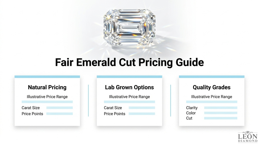 Emerald-cut diamond pricing guide showing how natural versus lab-grown origin, carat size, clarity, color, and cut affect price.