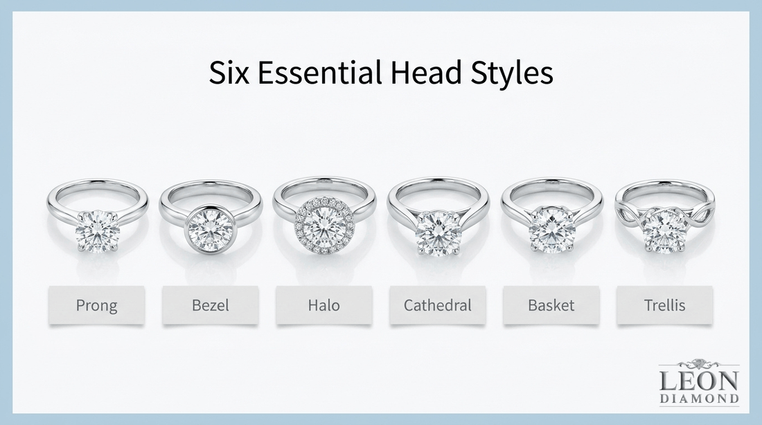 Six engagement ring head styles: prong, bezel, halo, cathedral, basket, and trellis.