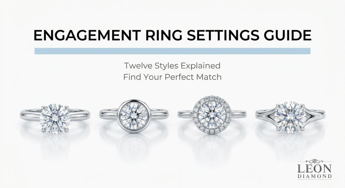 Engagement ring settings guide showing prong bezel halo and modern styles comparison