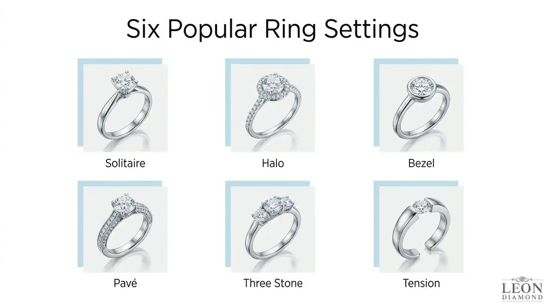 1. Engagement ring settings infographic showing six popular styles: solitaire, halo, bezel, pavé, three-stone, and tension.