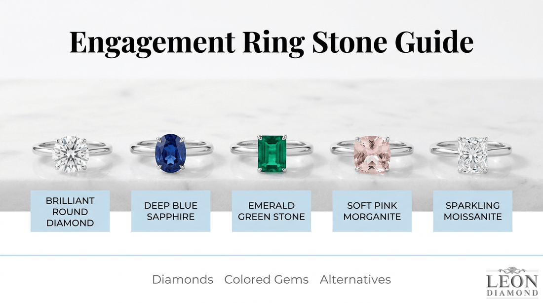 Engagement ring stone guide comparing diamond, sapphire, emerald, morganite, and moissanite rings.