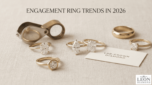 Collection of modern engagement rings with oval and marquise diamonds in yellow gold settings.