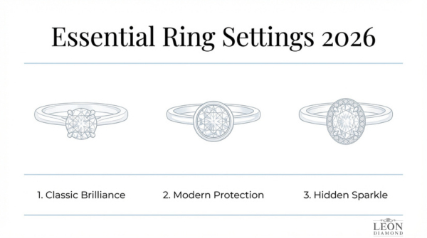 Essential diamond ring settings guide featuring classic solitaire, bezel setting, and halo design