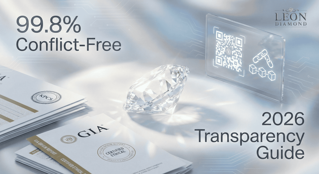 Ethical diamond with certification documents and digital traceability overlay
