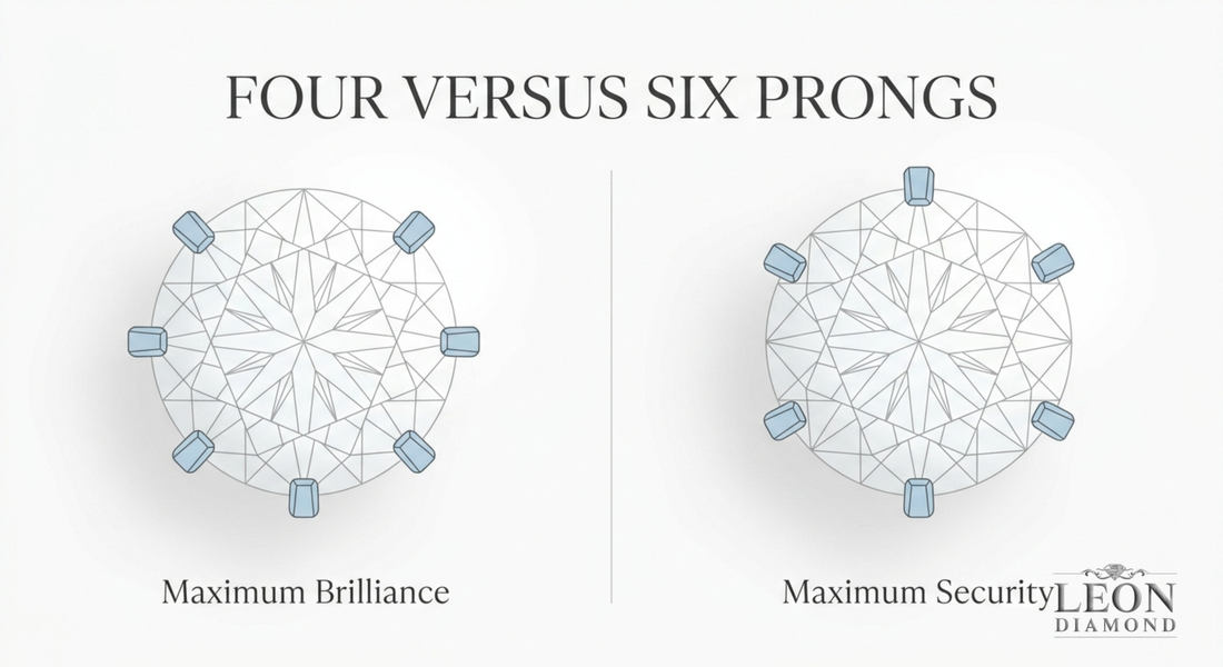 Four vs six prong diamond setting comparison showing brilliance vs security differences