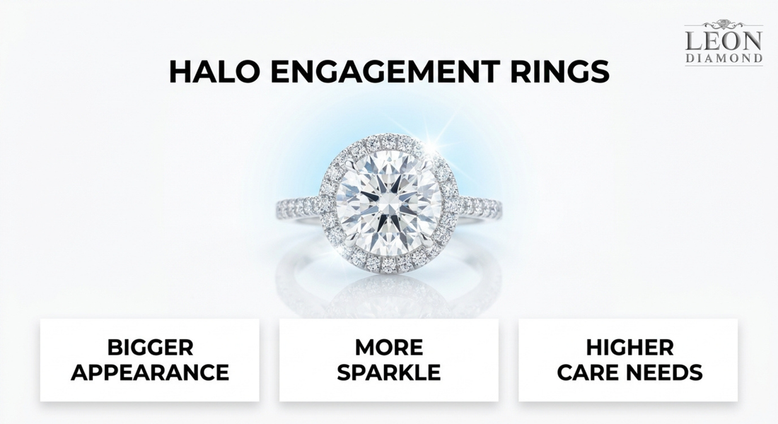 Halo engagement ring featuring a round center diamond with accent diamonds for added sparkle and larger appearance