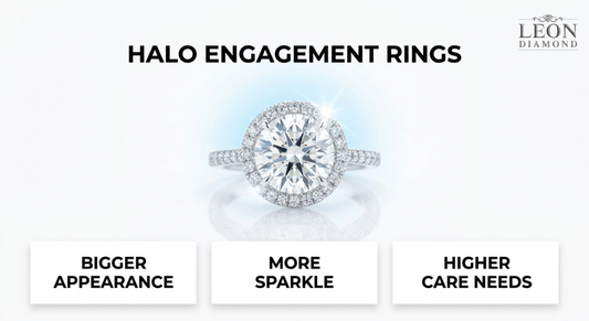 Halo engagement ring featuring a round center diamond with accent diamonds for added sparkle and larger appearance