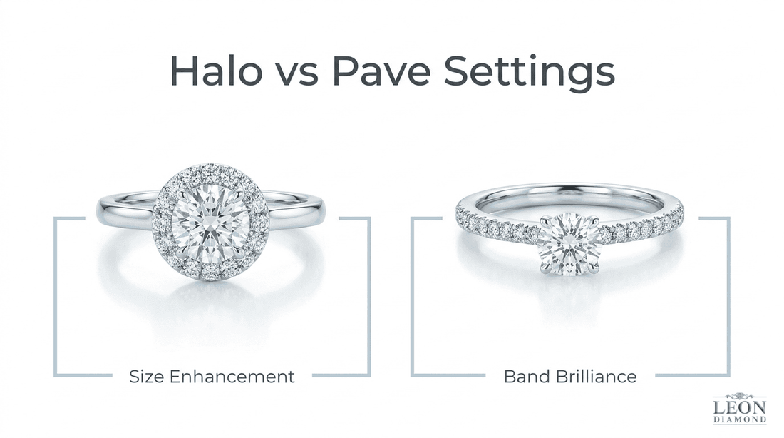 Halo versus pavé engagement ring setting comparison showing size enhancement around the center diamond and brilliance along the band