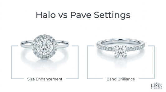 Halo versus pavé engagement ring setting comparison showing size enhancement around the center diamond and brilliance along the band