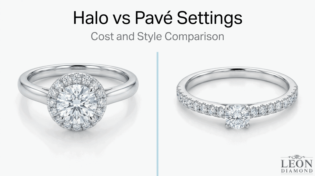 Halo versus pavé engagement ring settings shown side by side for cost, style, and diamond placement comparison.
