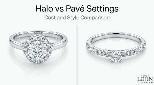 Halo versus pavé engagement ring settings shown side by side for cost, style, and diamond placement comparison.