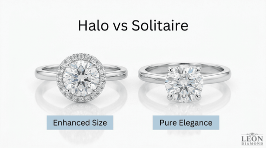 Halo and solitaire engagement rings compared, showing the halo’s enhanced visual size and the solitaire’s classic elegance.