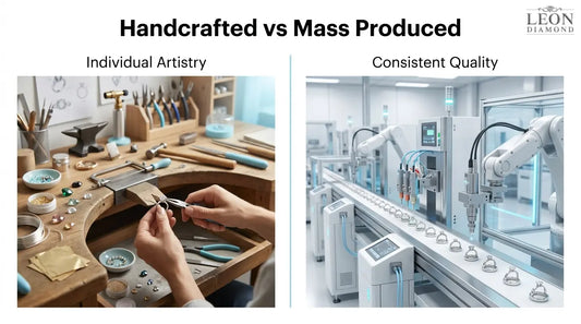 Handcrafted diamond ring being made by a jeweler compared with mass-produced rings on an automated assembly line.