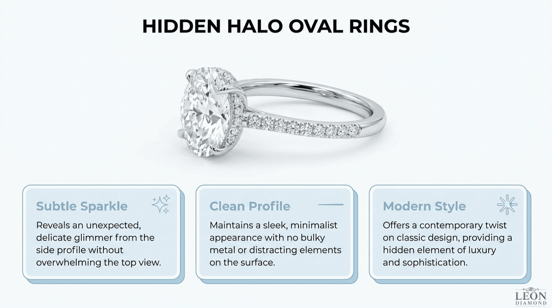 Hidden halo oval engagement ring with a pavé band, subtle side sparkle, clean profile, and modern design.