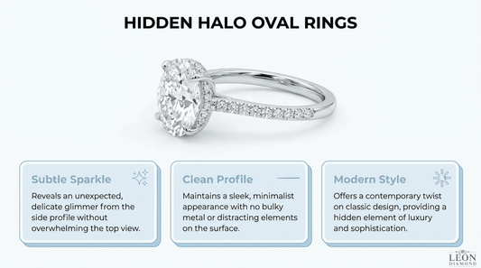 Hidden halo oval engagement ring with a pavé band, subtle side sparkle, clean profile, and modern design.