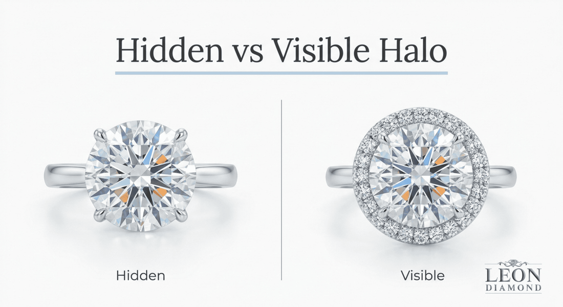 Hidden vs visible halo engagement ring comparison showing center stone and halo setting differences