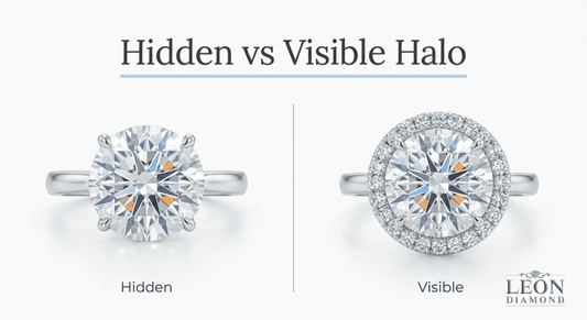 Hidden vs visible halo engagement ring comparison showing center stone and halo setting differences