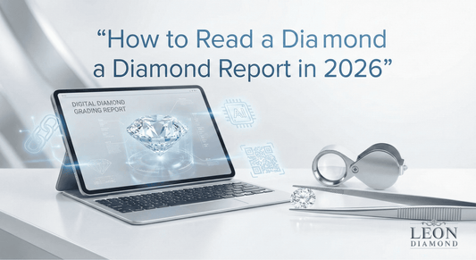 Diamond grading report with diamond and loupe on luxury white background, representing 2026 technology and certification tools.