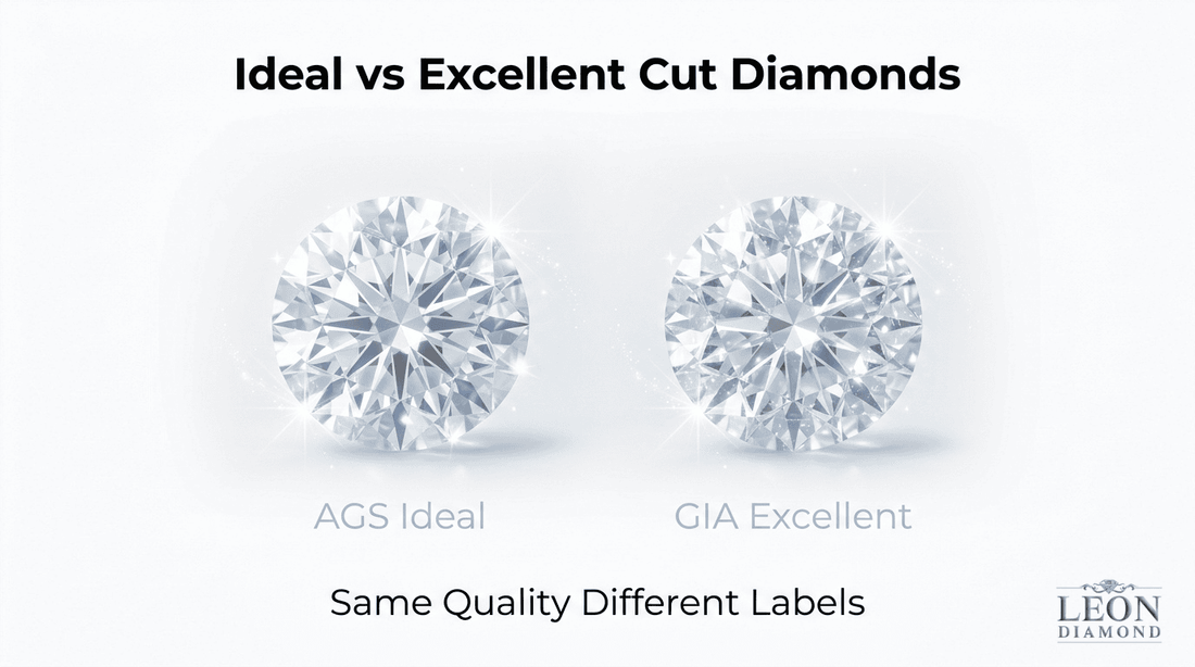 Side-by-side comparison of an AGS Ideal Cut diamond and a GIA Excellent Cut diamond showing comparable visual quality