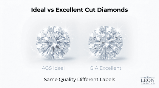 Side-by-side comparison of an AGS Ideal Cut diamond and a GIA Excellent Cut diamond showing comparable visual quality