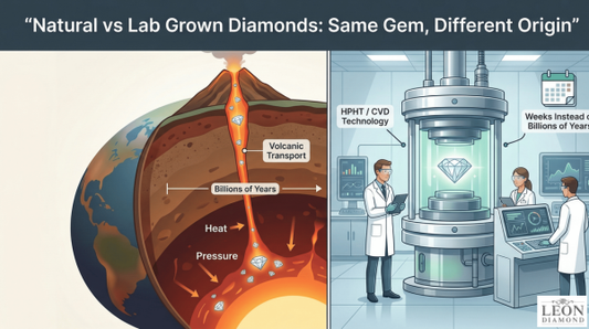 Illustration comparing natural diamond formation underground with lab grown diamond creation in a laboratory reactor.